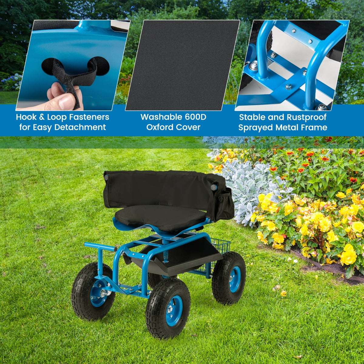 Rolling Garden Cart with Seat and Tool Storage for Outdoor Garden-Blue