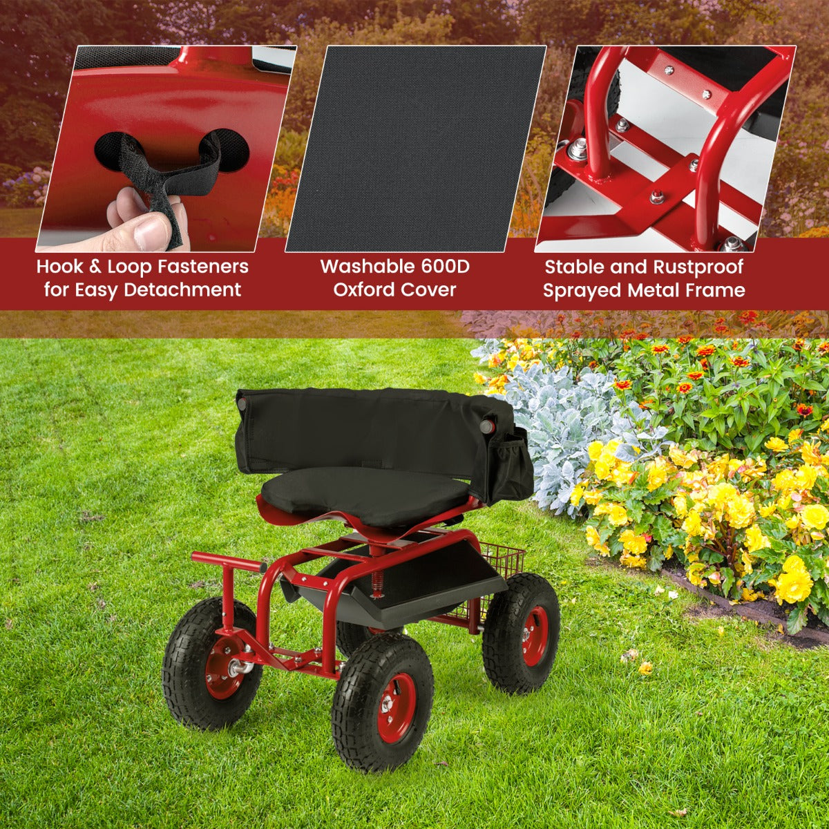 Rolling Garden Cart with Seat and Tool Storage for Outdoor Garden-Red