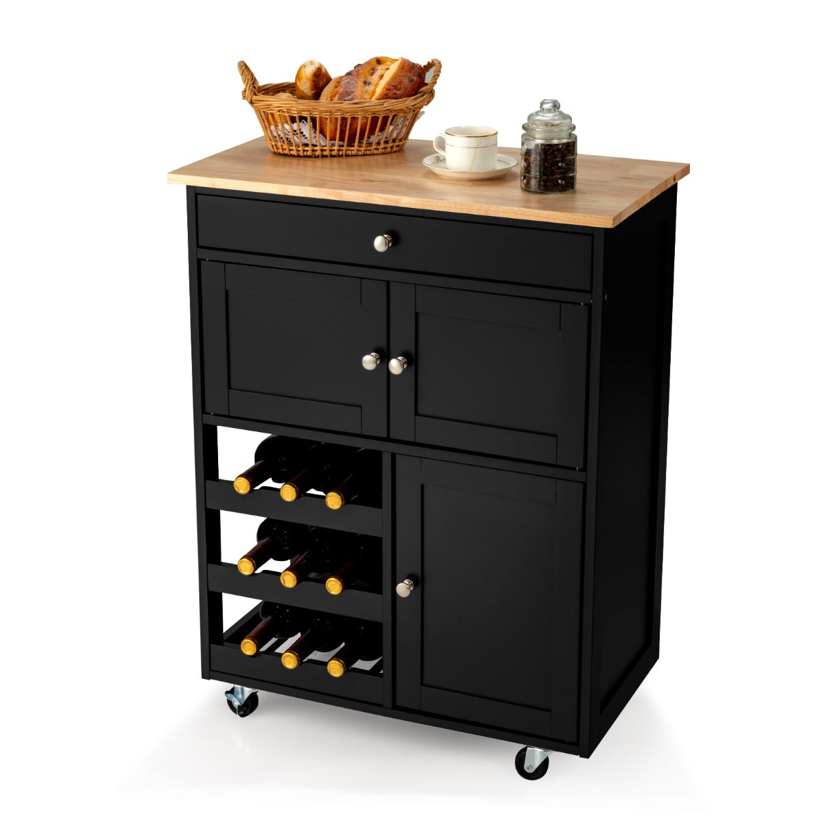 Rolling Kitchen Cart with 3 Tier Wine Racks and Cupboards-Black