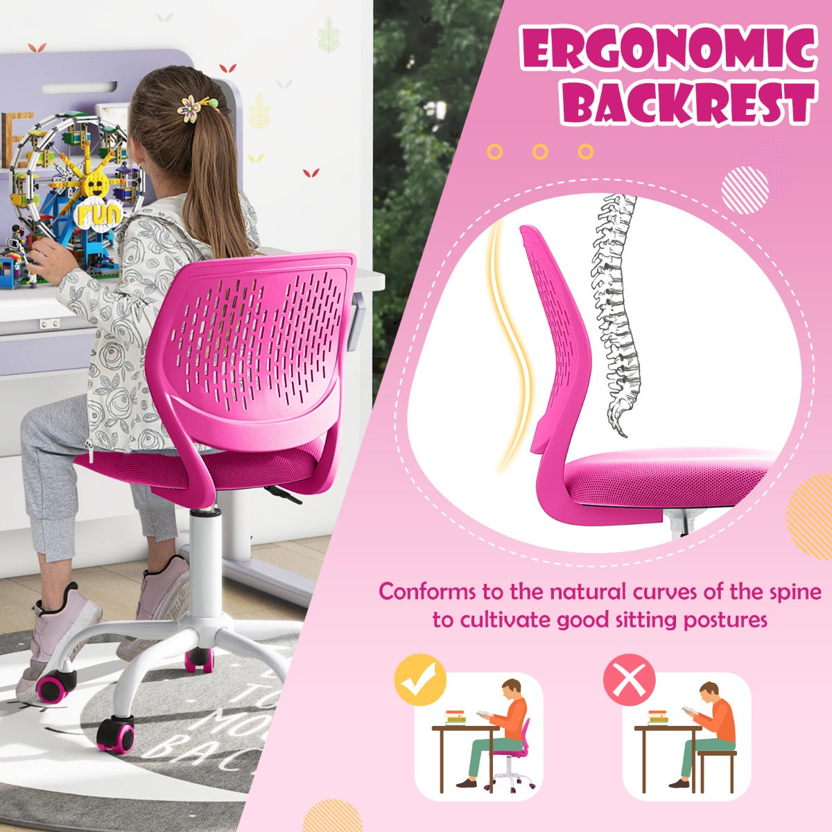 Adjustable Mid Back Children Study Chair with Adjustable Height for Office-Pink