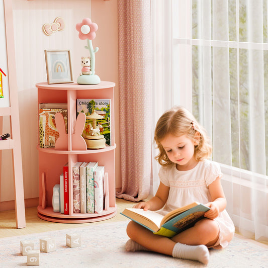Rotating Bookshelf Cute 2-tier Kids Bookcase with Bunny Baffles-Pink