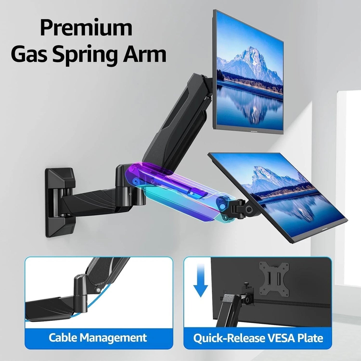 Dual Monitor Wall Mount for 17-32 Inch Screens, Gas Spring Computer Wall Mount