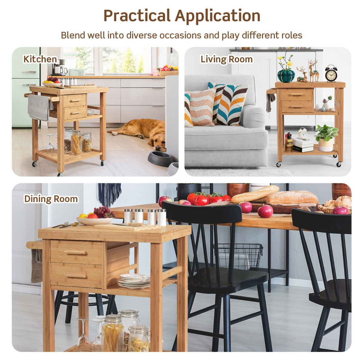Rolling Bamboo Kitchen Island Cart with Drawers & Shelves for Dining Room