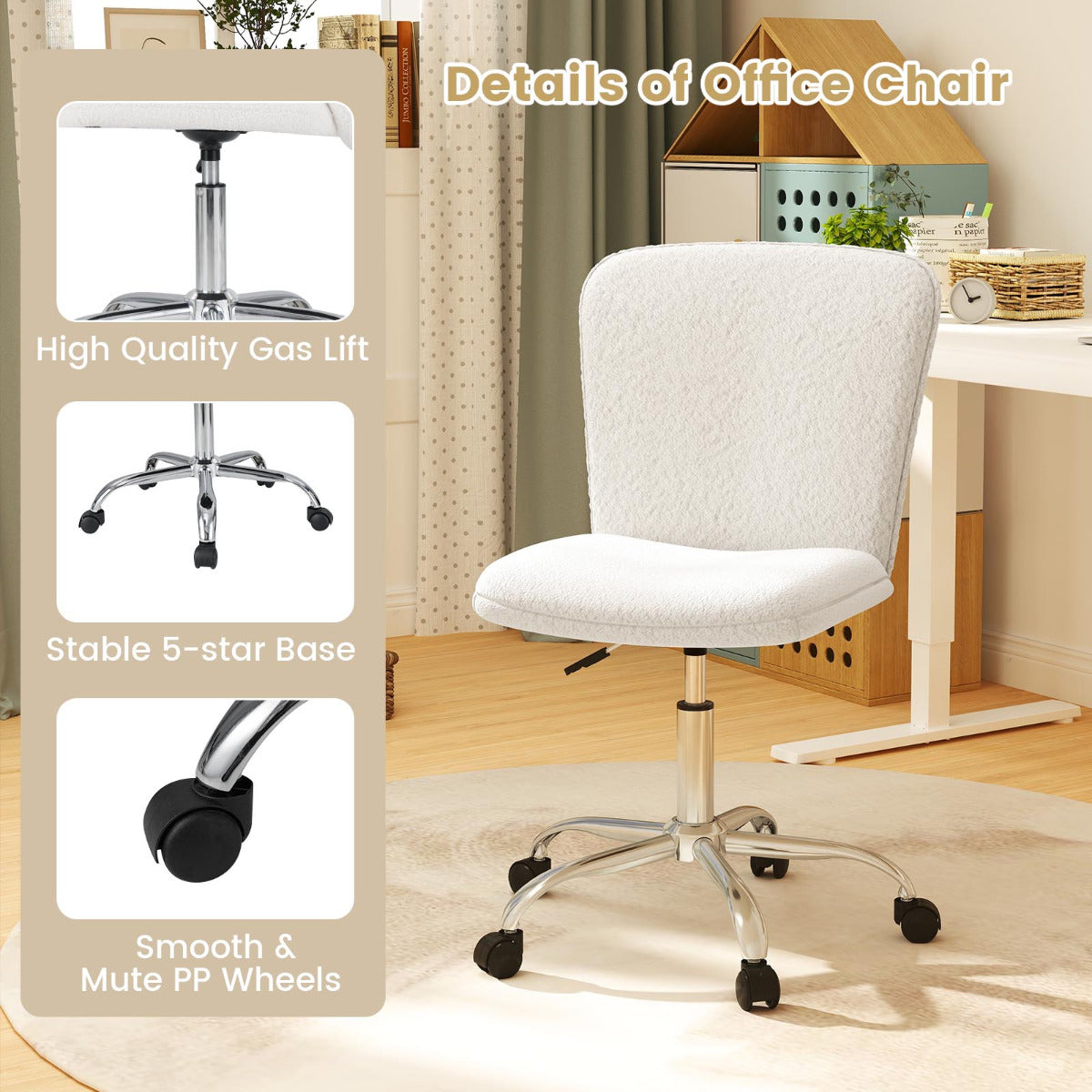 Set of 2 Armless Office Chair with Sturdy Base-Beige