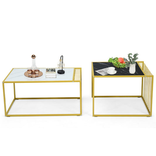 Costway Set of 2 Modern Coffee Table Set Stackable with Faux Marble Tabletop