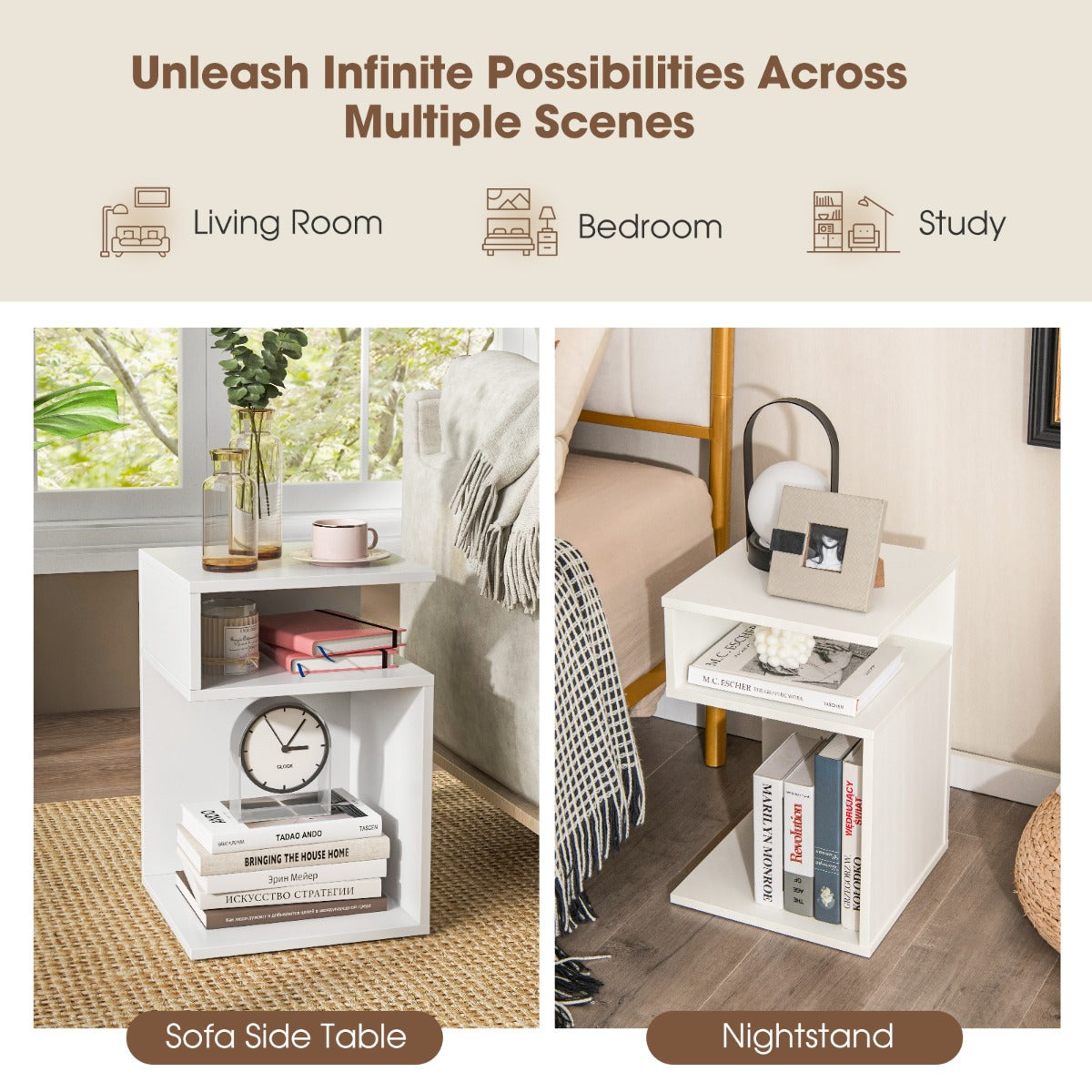 Costway S-Shaped Side Table for Small Space with 2 Open Compartments