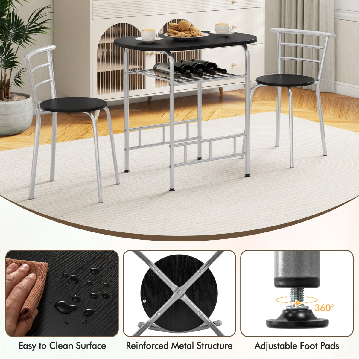 Easy-assembly dining table and chair set includes all required accessories and a detailed user manual