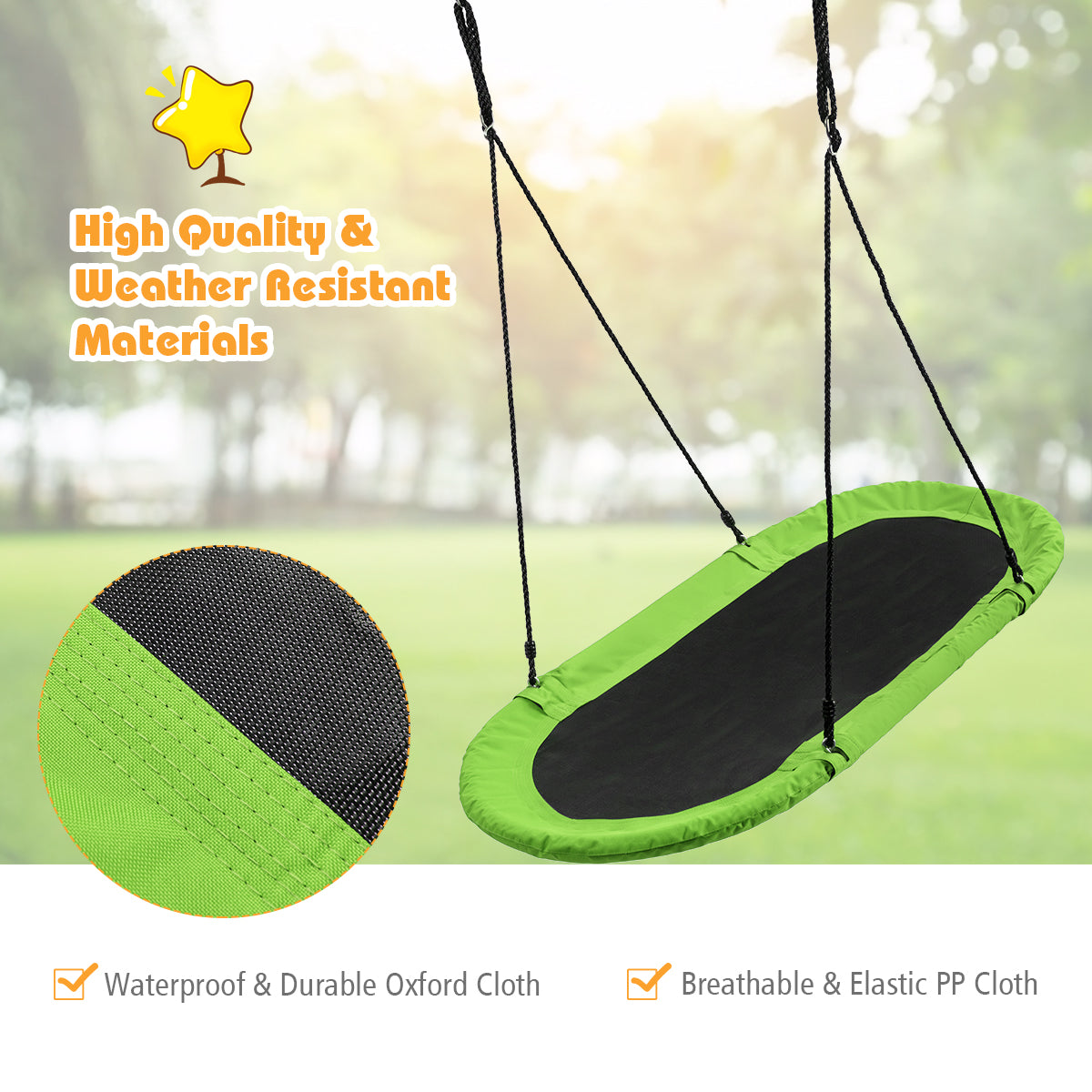 Flying Oval Tree Swing Set with Adjustable Hanging Ropes for Outdoor Use-Green
