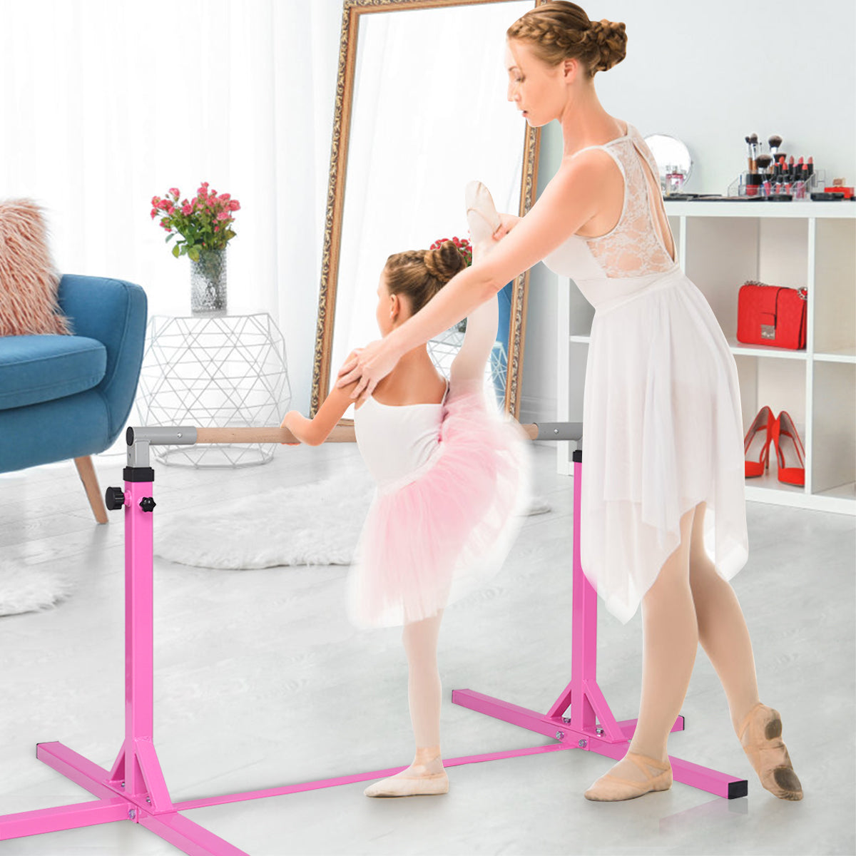 135-centimeter beech wood bar provides a comfortable surface for young beginner gymnasts