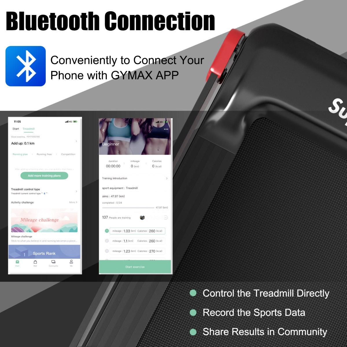 GYMAX APP compatible treadmill for controlling workouts, recording fitness data, and sharing exercise results