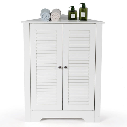 Three-tier corner cabinet provides organized storage for bathroom, kitchen, bedroom, or entryway items