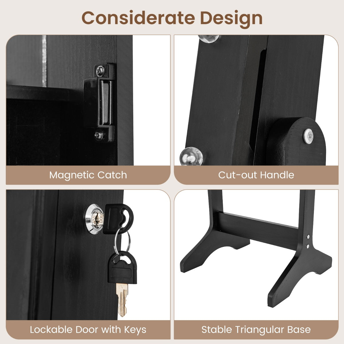 Standing Jewelry Armoire Organizer with Full-Length Mirror-Black