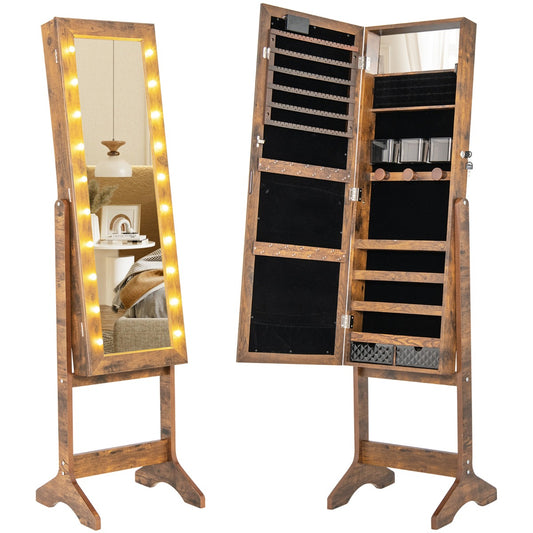 Standing Jewelry Armoire Organizer with Full-Length Mirror-Rustic Brown