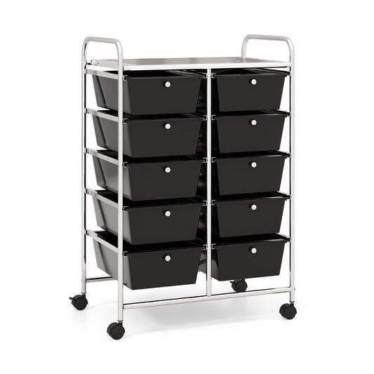 Costway 10-Drawer Storage Cart with Universal Wheels and Removable Drawer-Black