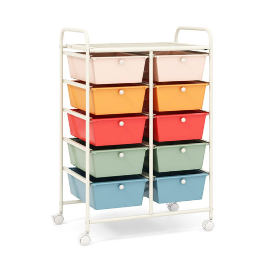 Costway 10-Drawer Storage Cart with Universal Wheels and Removable Drawer-Multicolour
