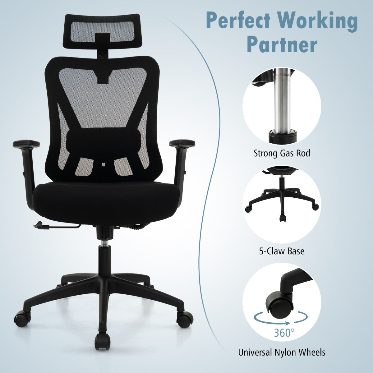 Modern ergonomic chair with 360-degree swivel function for home offices and workstations