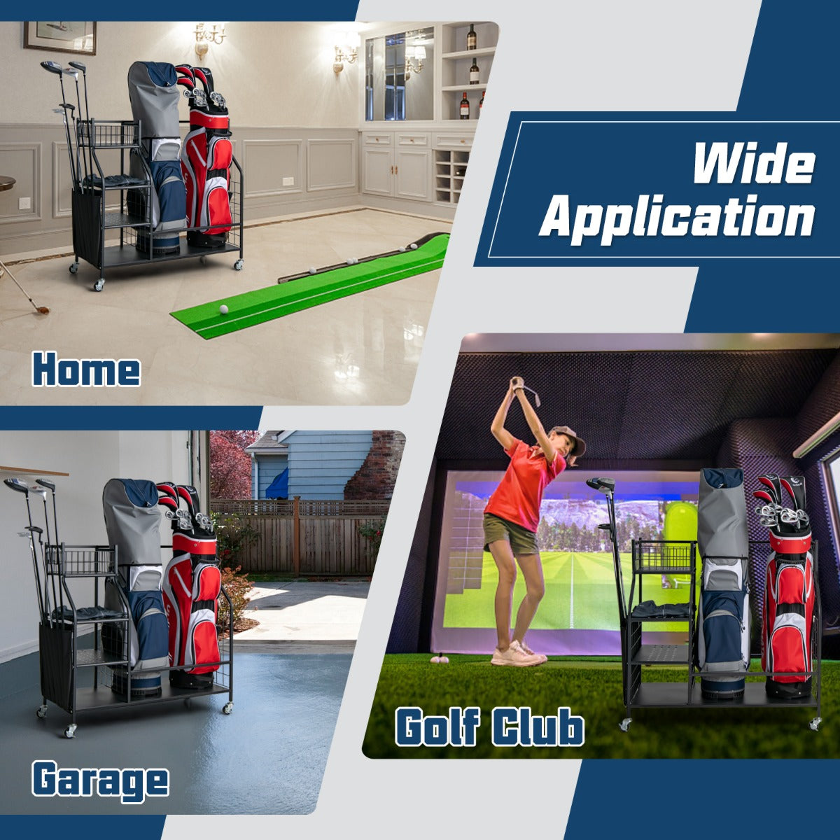 Golf Bag Storage Rack with Lockable Universal Wheels for Golfing Equipment