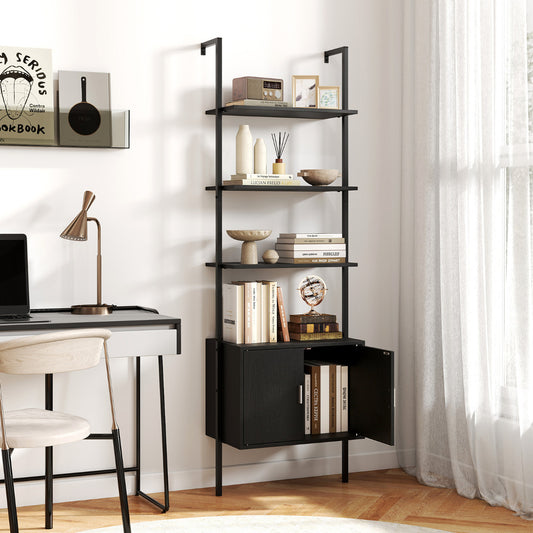 Tall Bookshelf 5 Tier Wall Mount Ladder Bookcase with Cabinet-Black