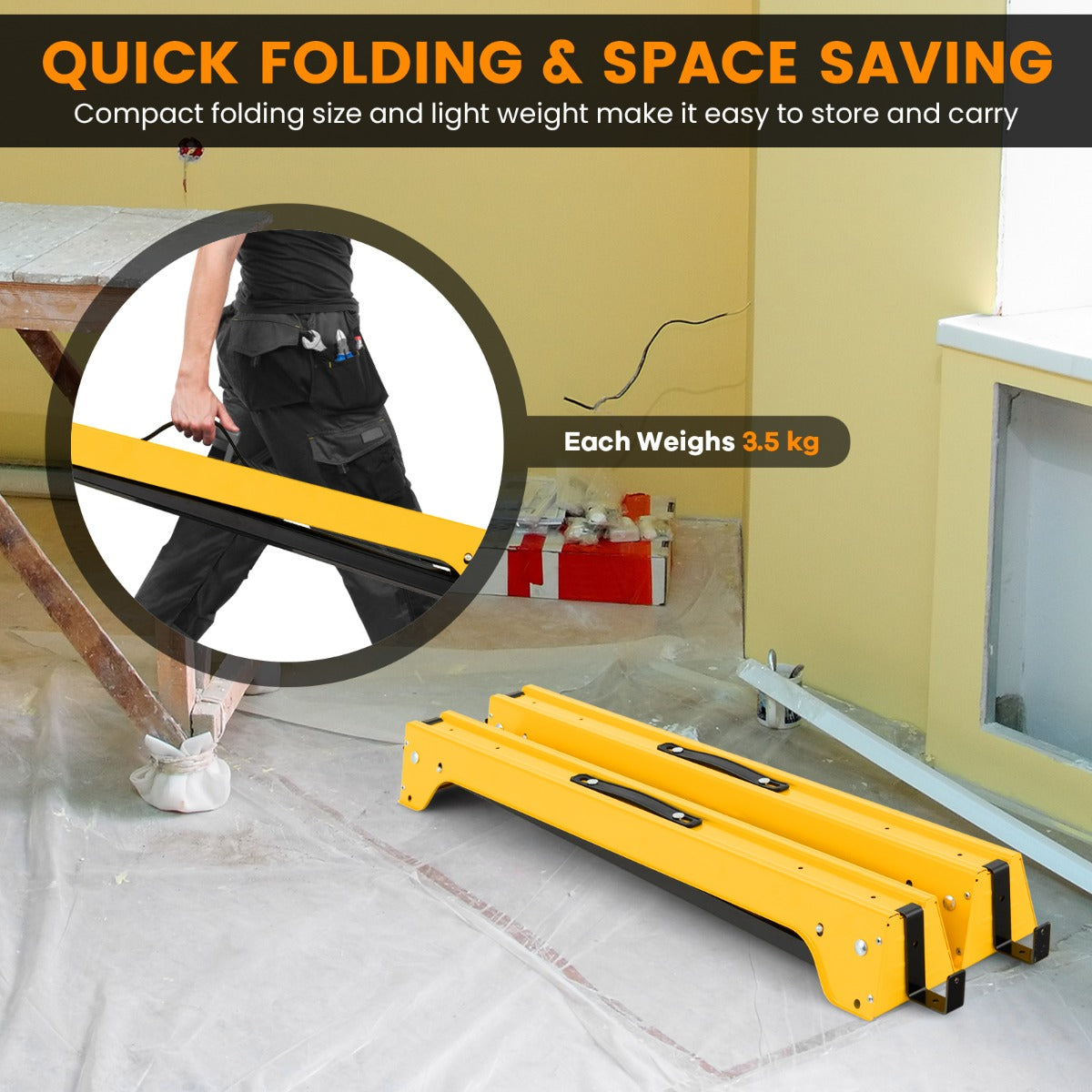 Pack of 2 Folding Sawhorses with Convenient Handle and Lightweight Tool Stands for Indoor/Outdoor Use