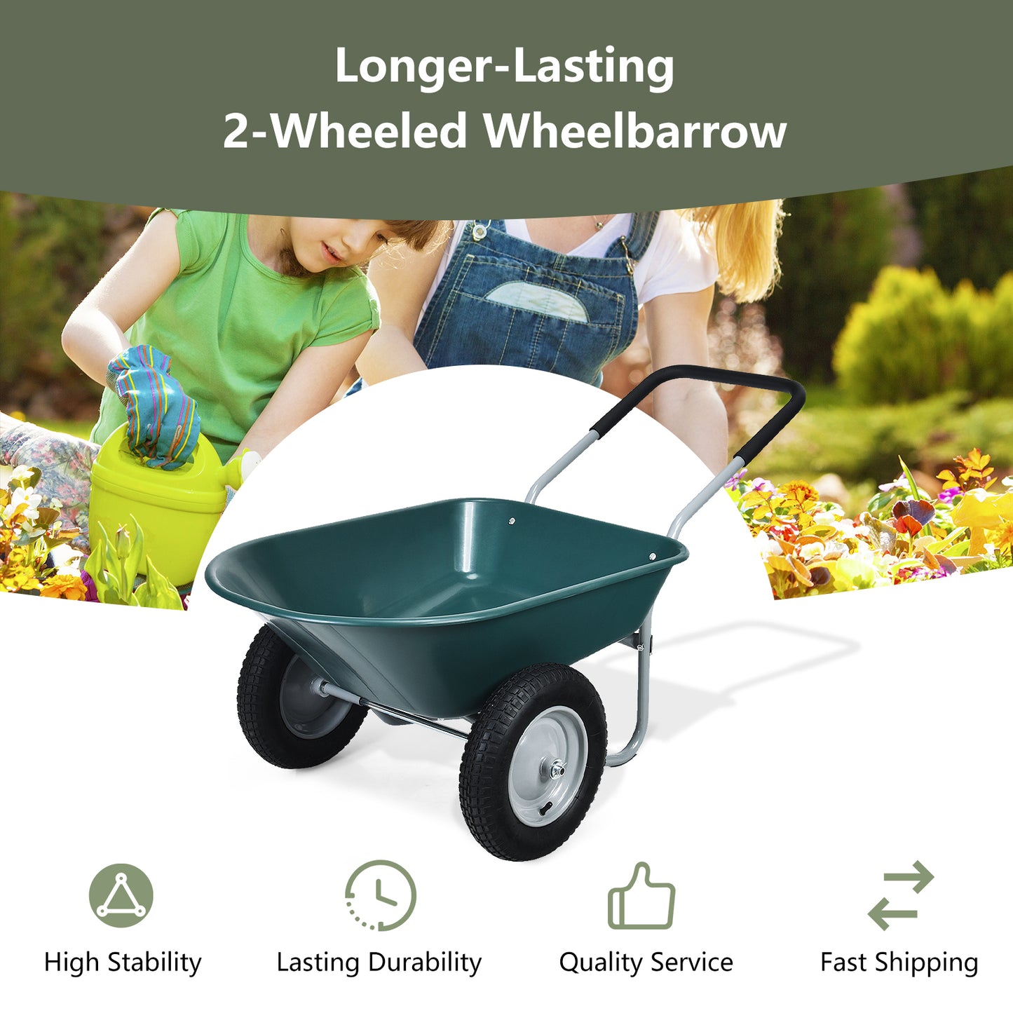 2 Tire Wheelbarrow Garden Dolly Utility Cart with14 inch Pneumatic Tires-Green