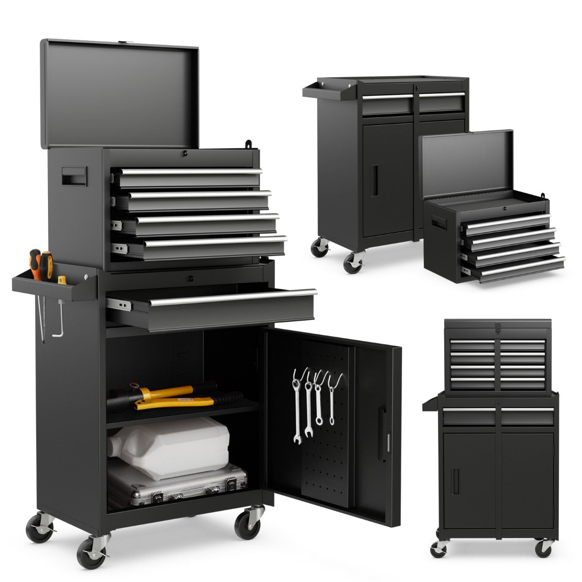 Red and black mobile tool cabinet is ideal for workshops, warehouses and repair shops