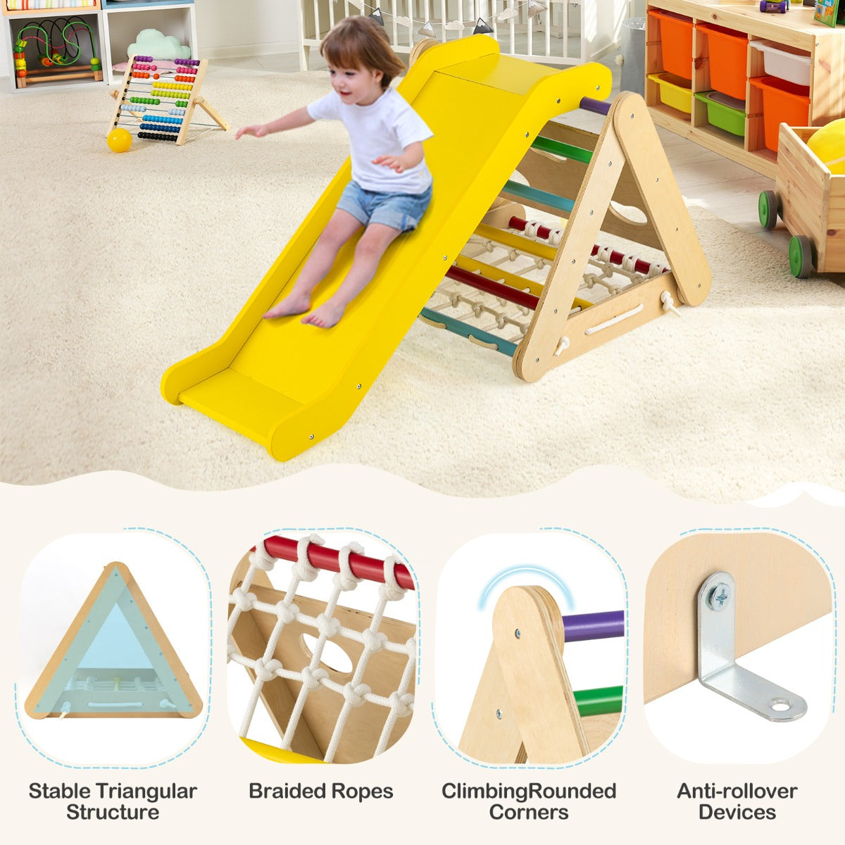 4-in-1 Toddler Climbing Toys with 3-Sided Triangle Climber for Kids-Multicolour