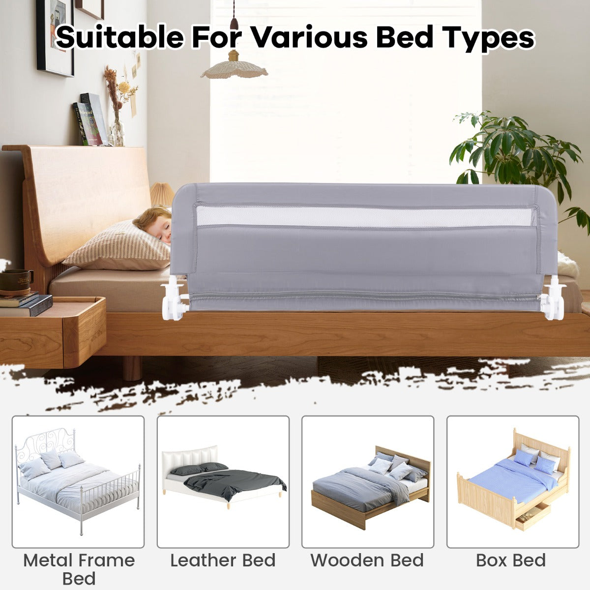 Gray baby bed guardrail with durable metal construction and easy folding functionality