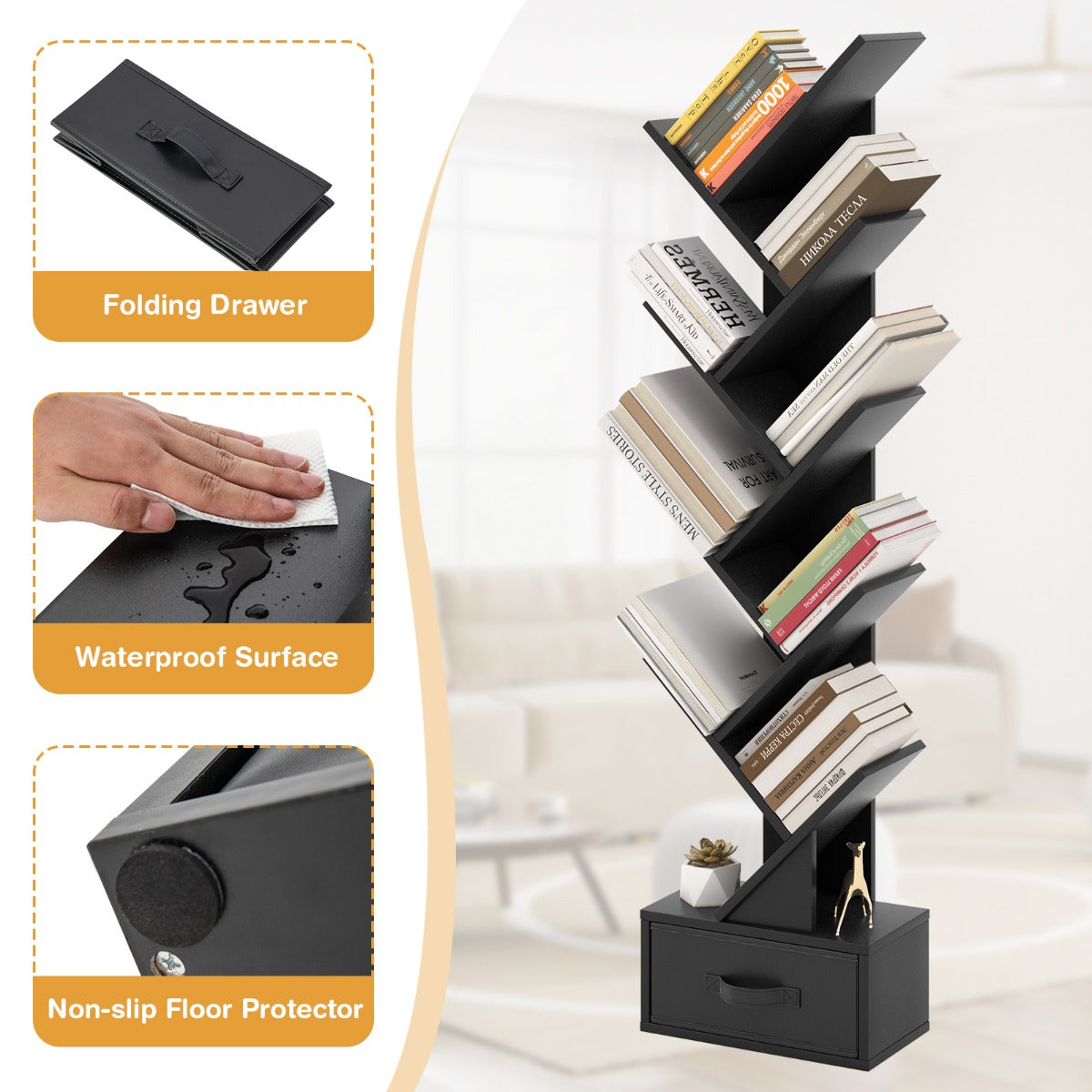 10-Tier Tree-Shaped Bookcase with Drawer, 1.5m Tall, Black