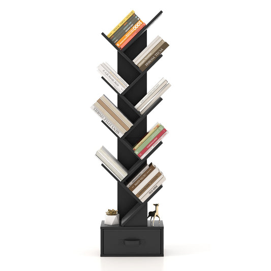Costway 10-Tier Tree Bookcase with Drawer for Storage-Black