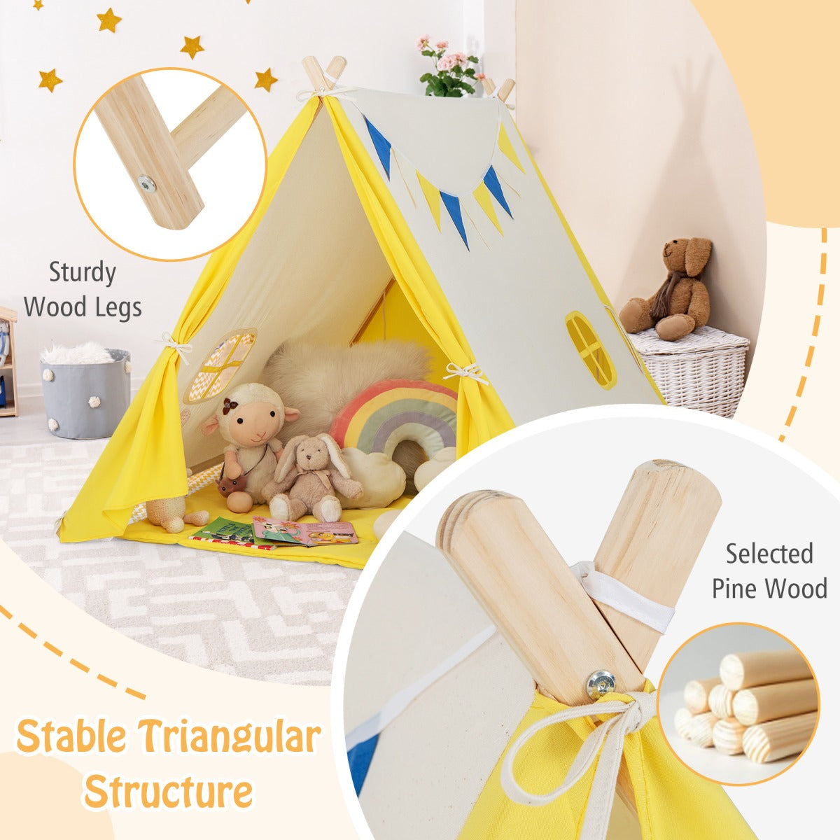 Door lanyards on two sides allow children to open and close the play tent with ease