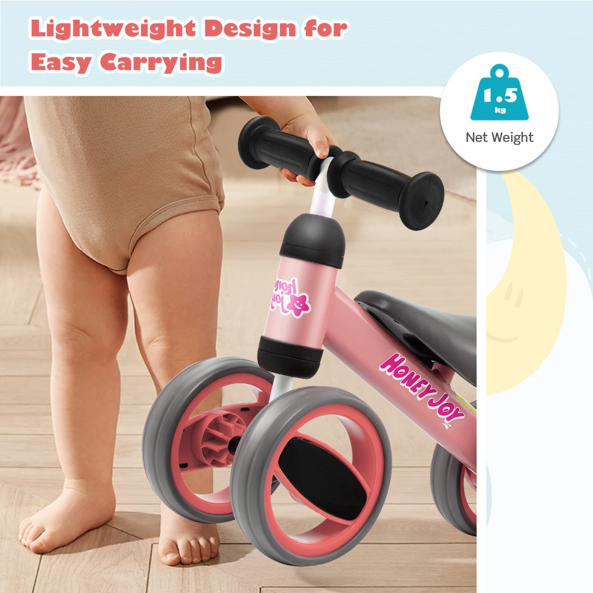 Baby Balance Bike with 4 Wheels & Limited Steering for 1-2 Years Old-Pink