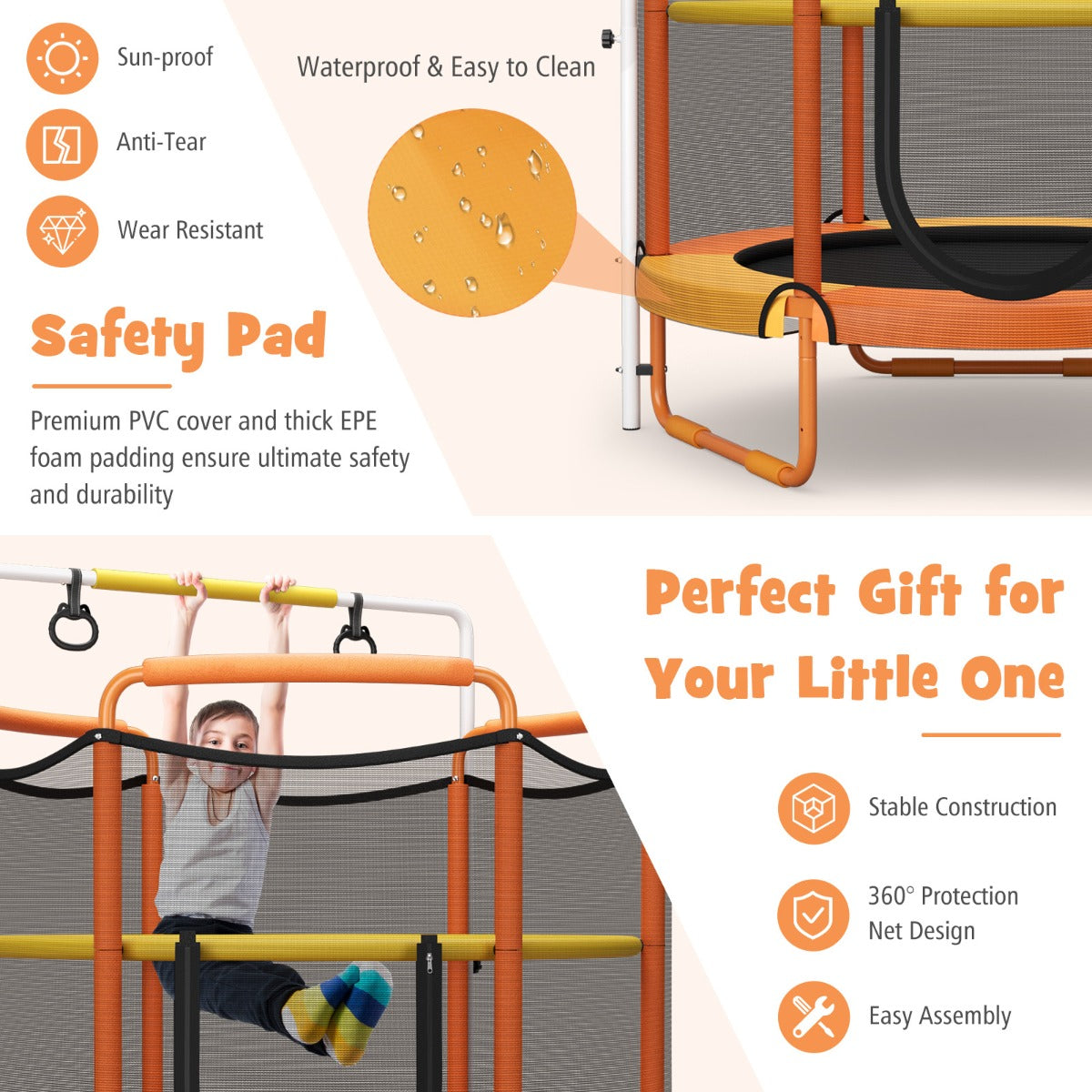 152cm Kids 3-in-1 Game Trampoline Seamless with Enclosure Net-Orange
