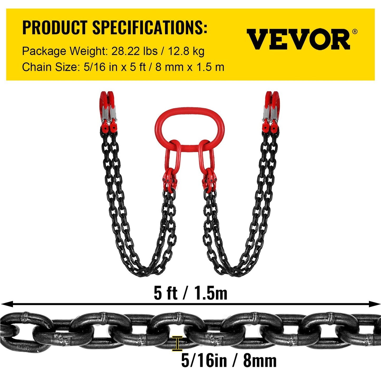 Heavy Duty 4-Leg Chain Sling, 8mm G80 Alloy Steel, 5T Capacity, 1.5m Length