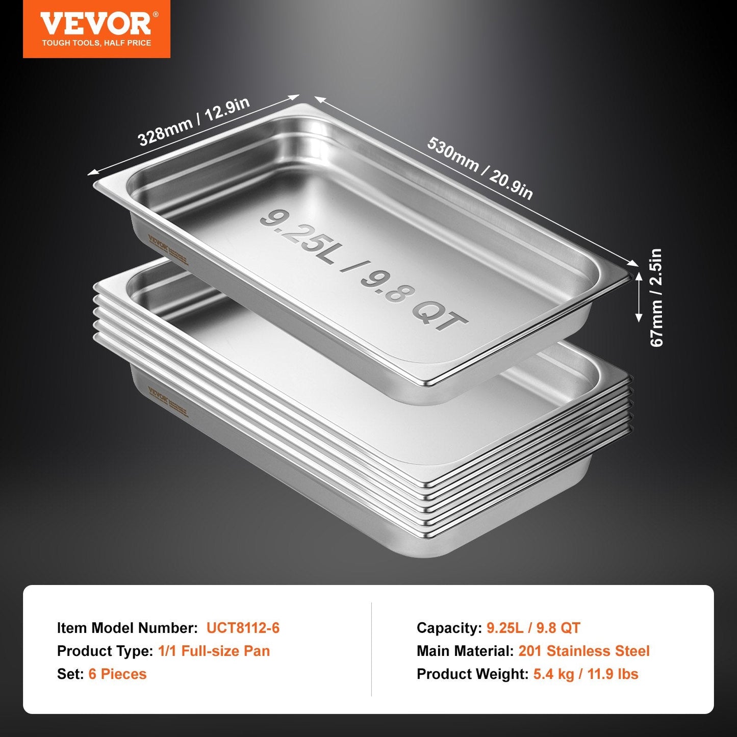 6-Pack Full-Size Stainless Steel Hotel Pans, 0.8mm Thick, 5.4 kg, 67 mm Deep