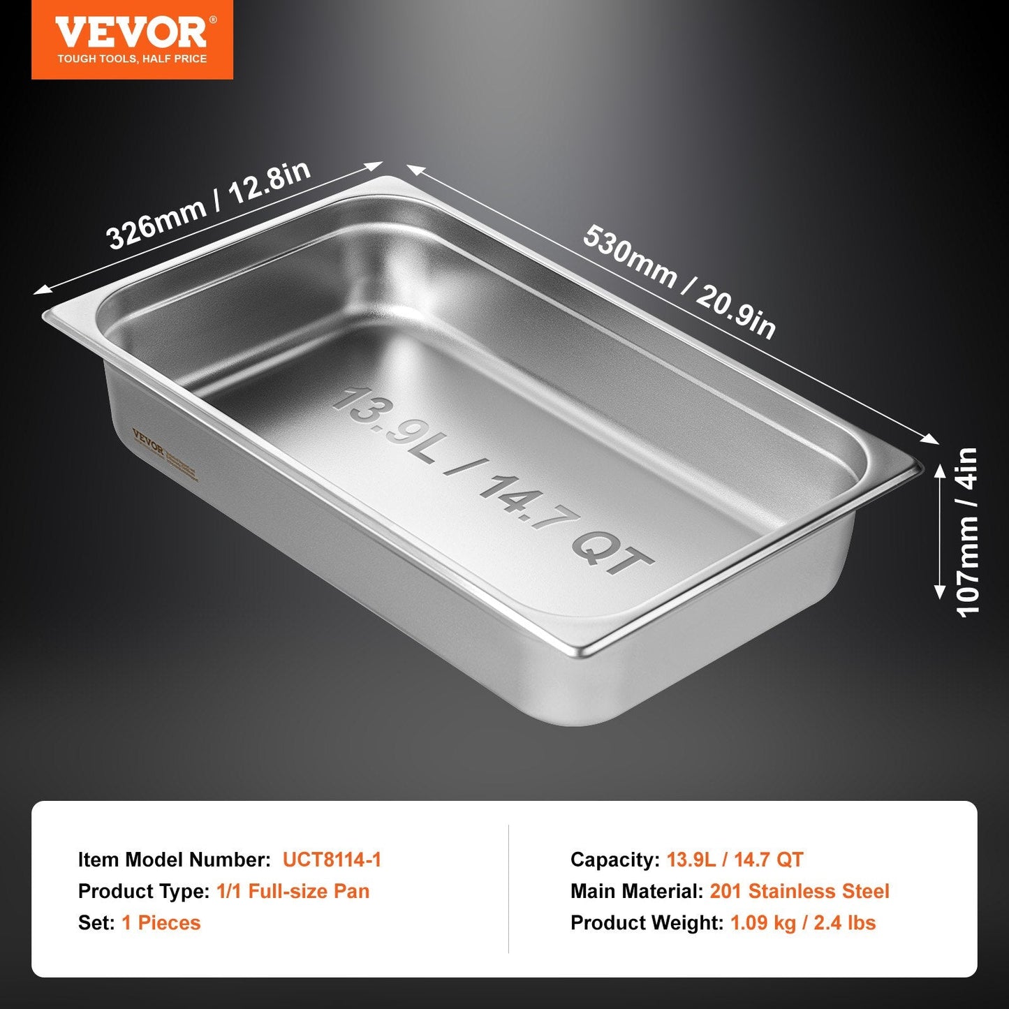 Stainless Steel Full-Size Anti-Jam Steam Pan, 4m Deep, 13.9L Capacity
