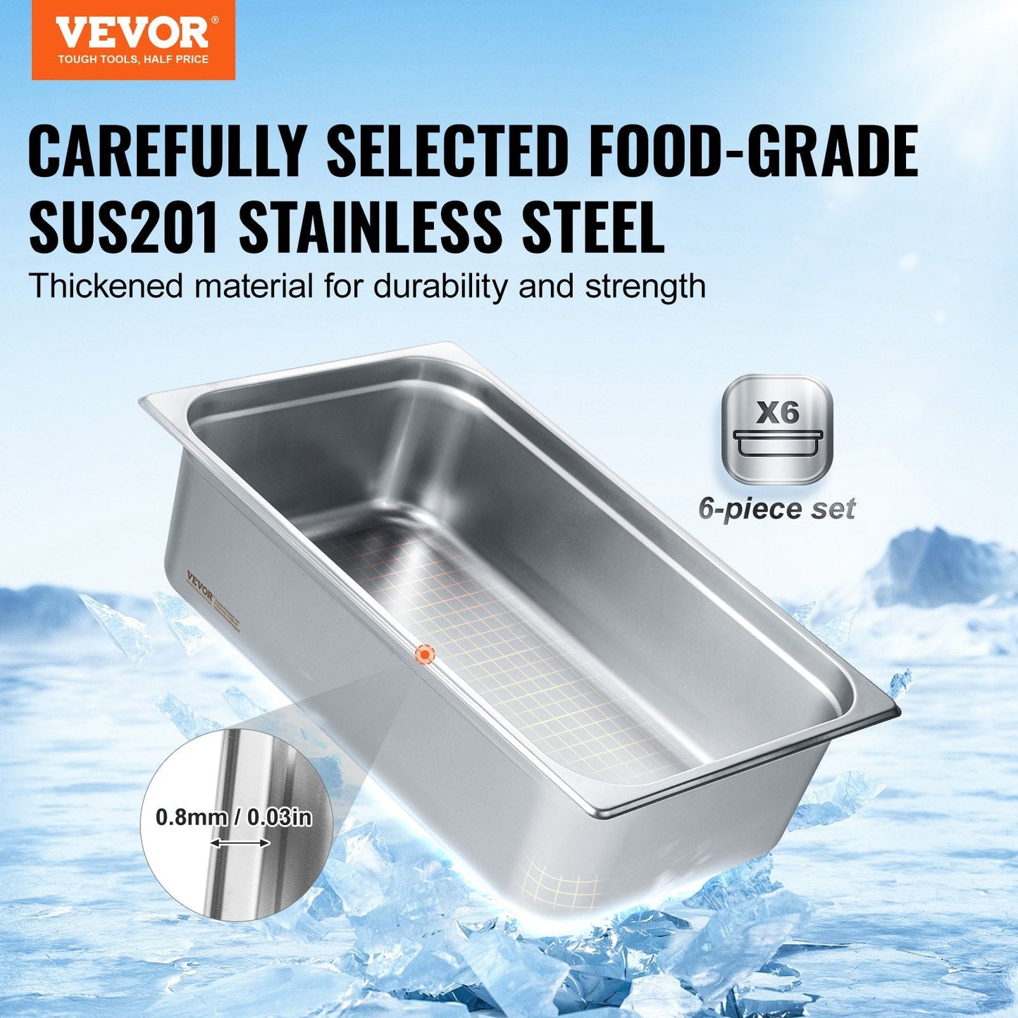 6-Pack Full Size Stainless Steel Hotel Pans, 0.8mm Thick, 15cm Deep