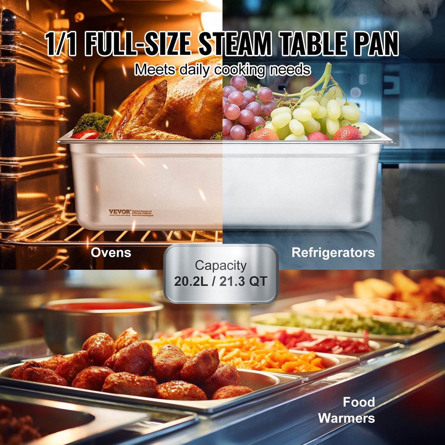 VEVOR 6 Pack Hotel Pans, Full Size Anti-Jam Steam Pan, 0.8mm Thick Stainless Steel