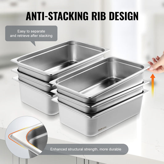 6-Pack Full Size Stainless Steel Hotel Pans, 0.8mm Thick, 15cm Deep