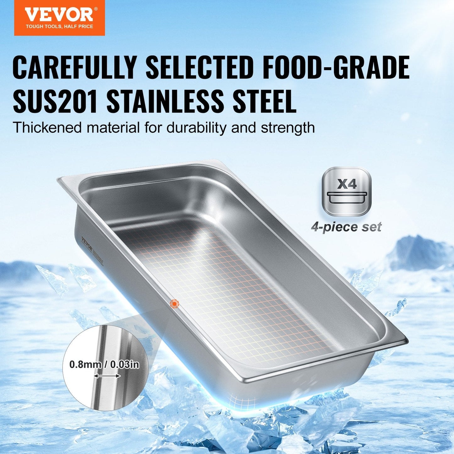 Stainless Steel Full Size Hotel Pans with Lids, 4-Pack, 0.8mm Thick, 13.9L Capacity