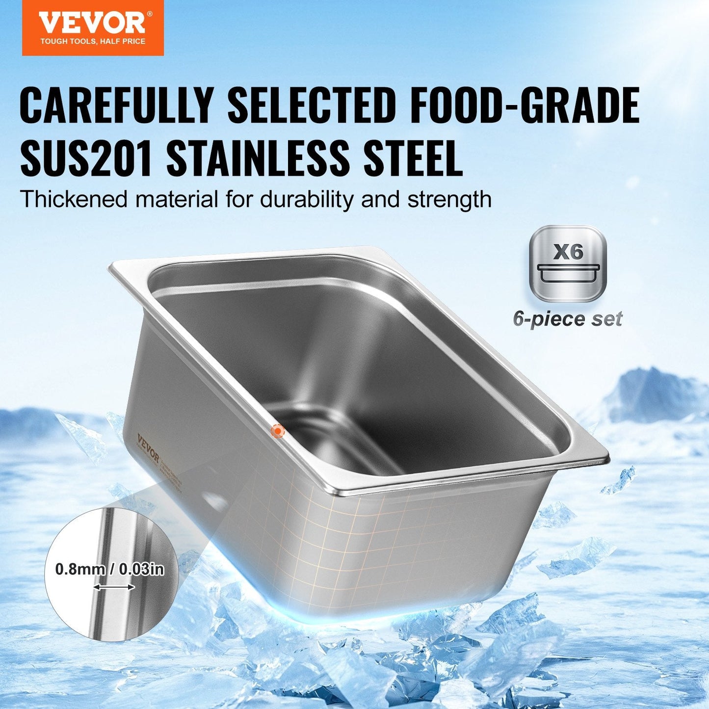 6 Pack Stainless Steel Anti-Jam Pans, 1/2 Size, 0.15m Deep, Commercial Use