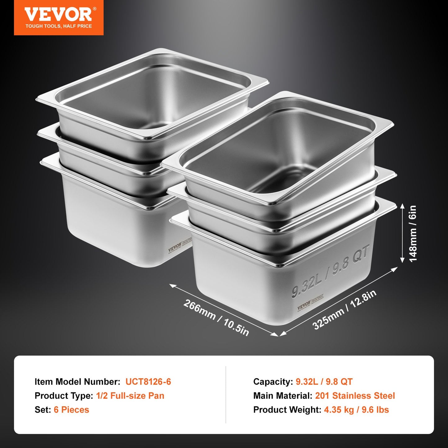 VEVOR 6 Pack Hotel Pans, 1/2 Size Anti-Jam Steam Pan, 0.8mm Thick Stainless Steel