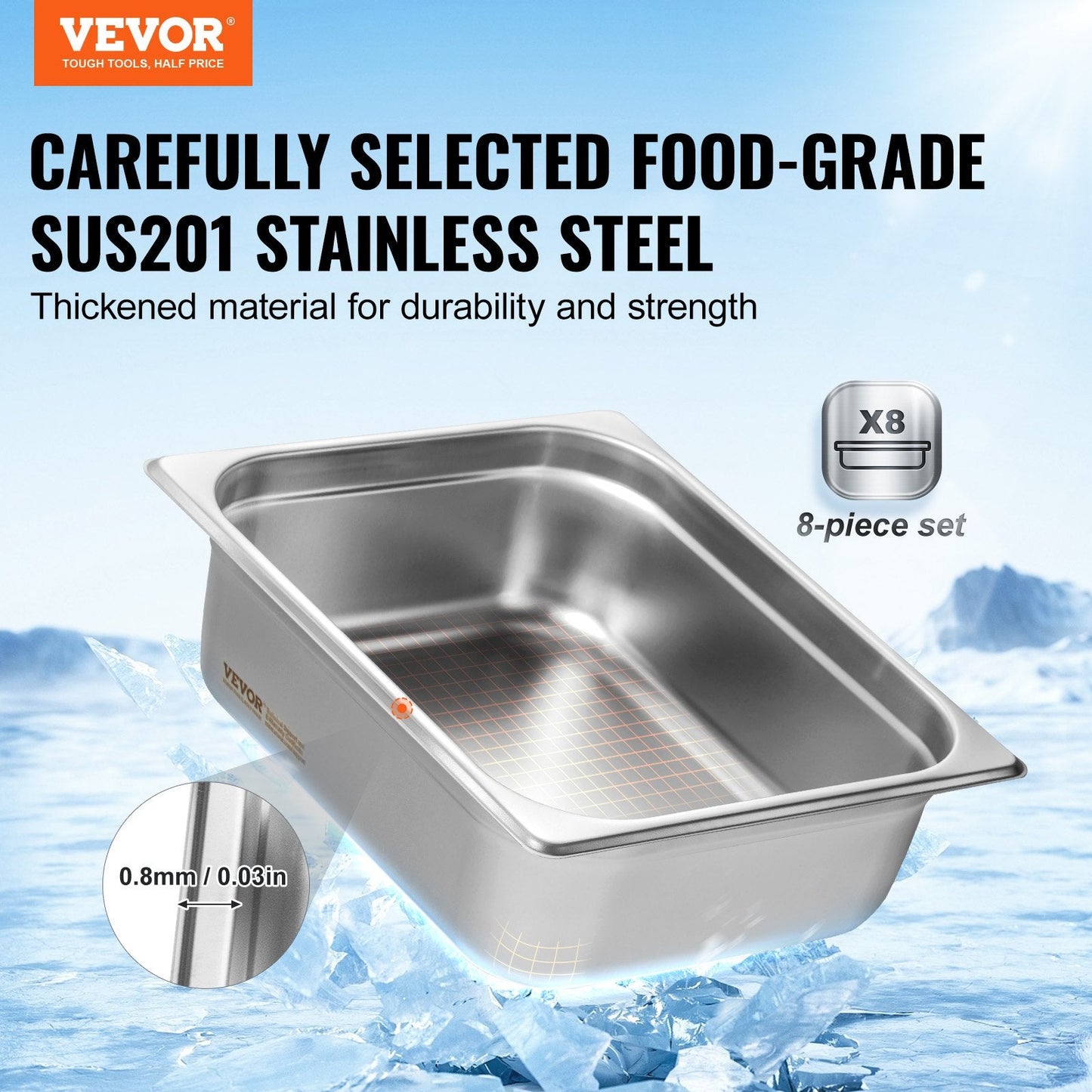 8-Pack Stainless Steel Steam Table Pans with Lids, 4-Inch Deep, 8.0 kg Total