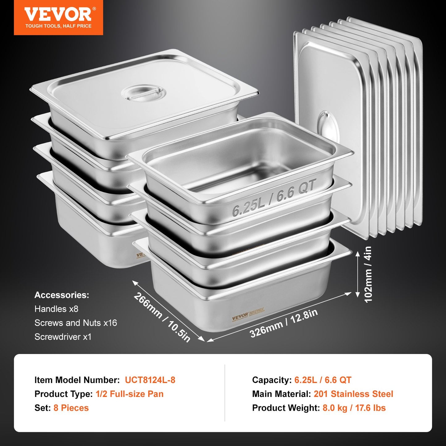 VEVOR 8 Pack Hotel Pans, 1/2 Size Anti-Jam Steam Pan with Lid, 0.8mm Thick Stainless