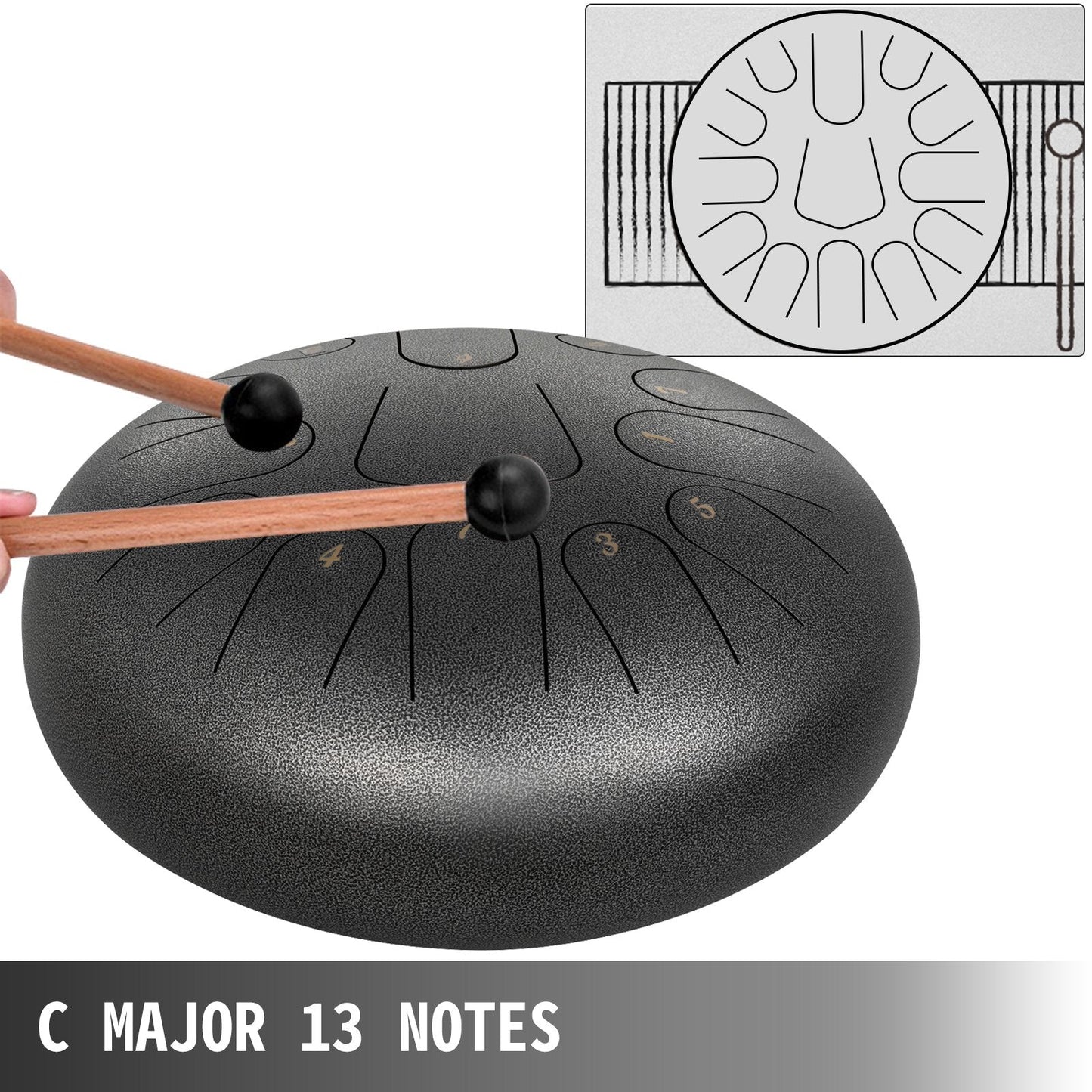 13-Note Steel Tongue Drum, 30cm Percussion Instrument with Accessories, Gun-Color