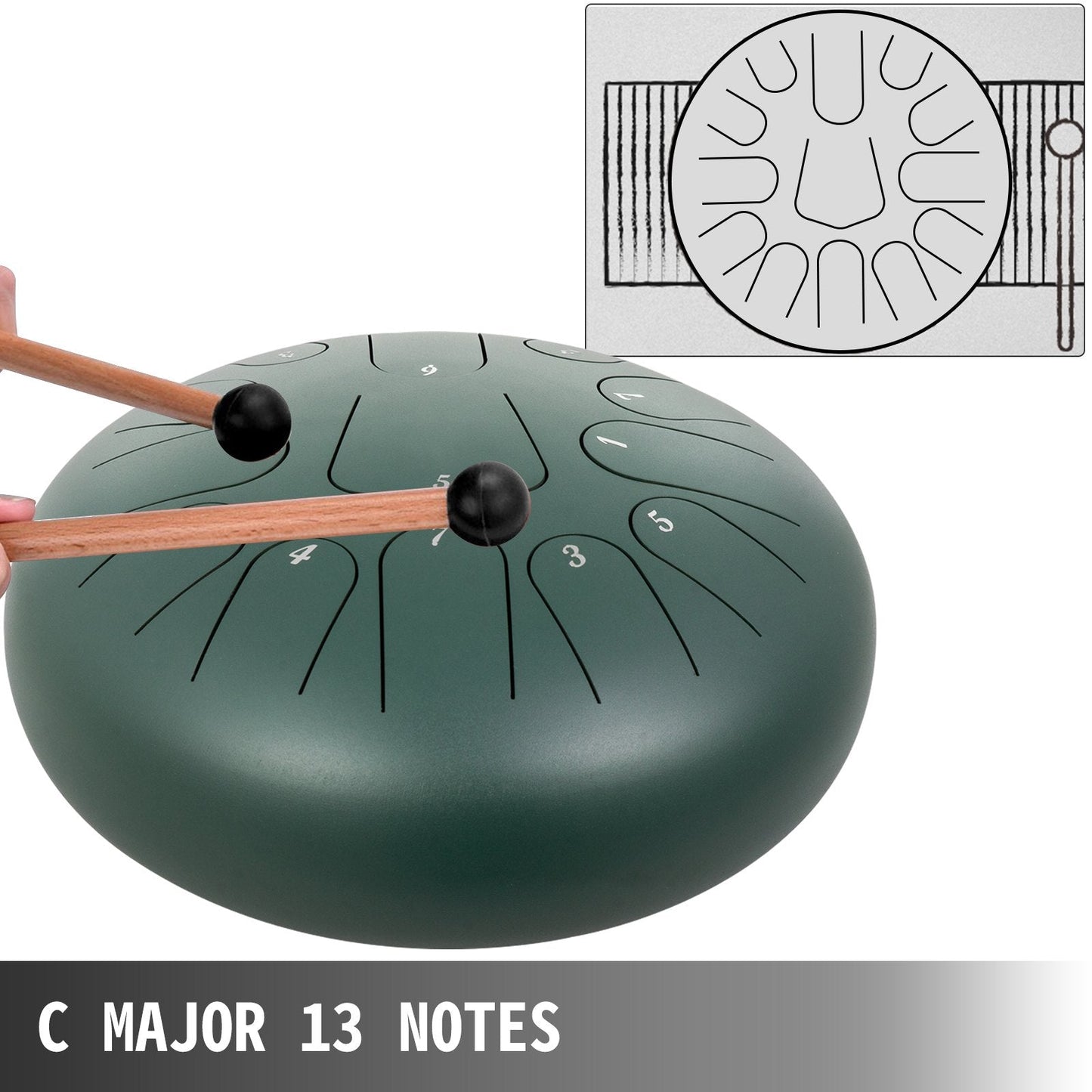 13-Note Steel Tongue Drum, 30cm Diameter, Green C Major Percussion Instrument