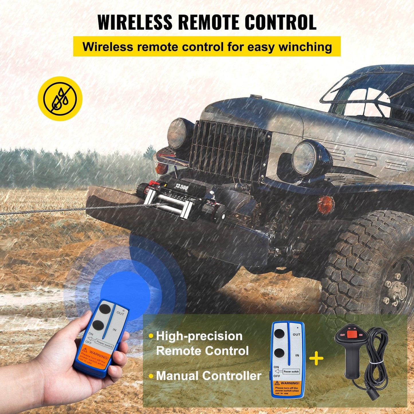 Electric Winch 6123kg, 12V with Wireless Remote & Steel Cable, 24m Length
