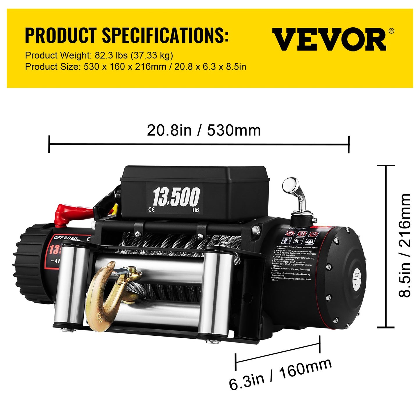 VEVOR Electric Winch 13500lb/6123kg, Steel Cable Recovery Winch 12V, Power Winch