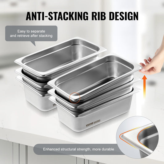 6 Pack Stainless Steel Hotel Pans, 1/3 Size, 0.8mm Thick, 4m Deep