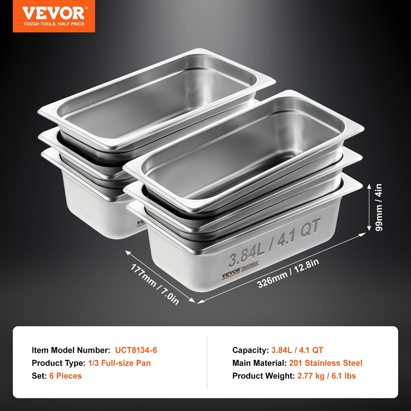VEVOR 6 Pack Hotel Pans, 1/3 Size Anti-Jam Steam Pan, 0.8mm Thick Stainless Steel