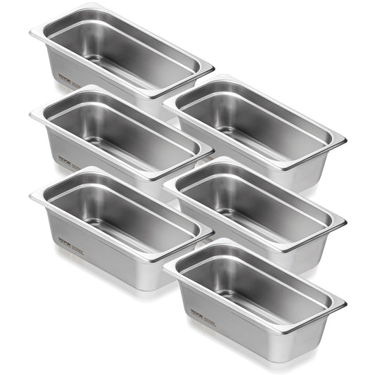 VEVOR 6 Pack Hotel Pans, 1/3 Size Anti-Jam Steam Pan, 0.8mm Thick Stainless Steel